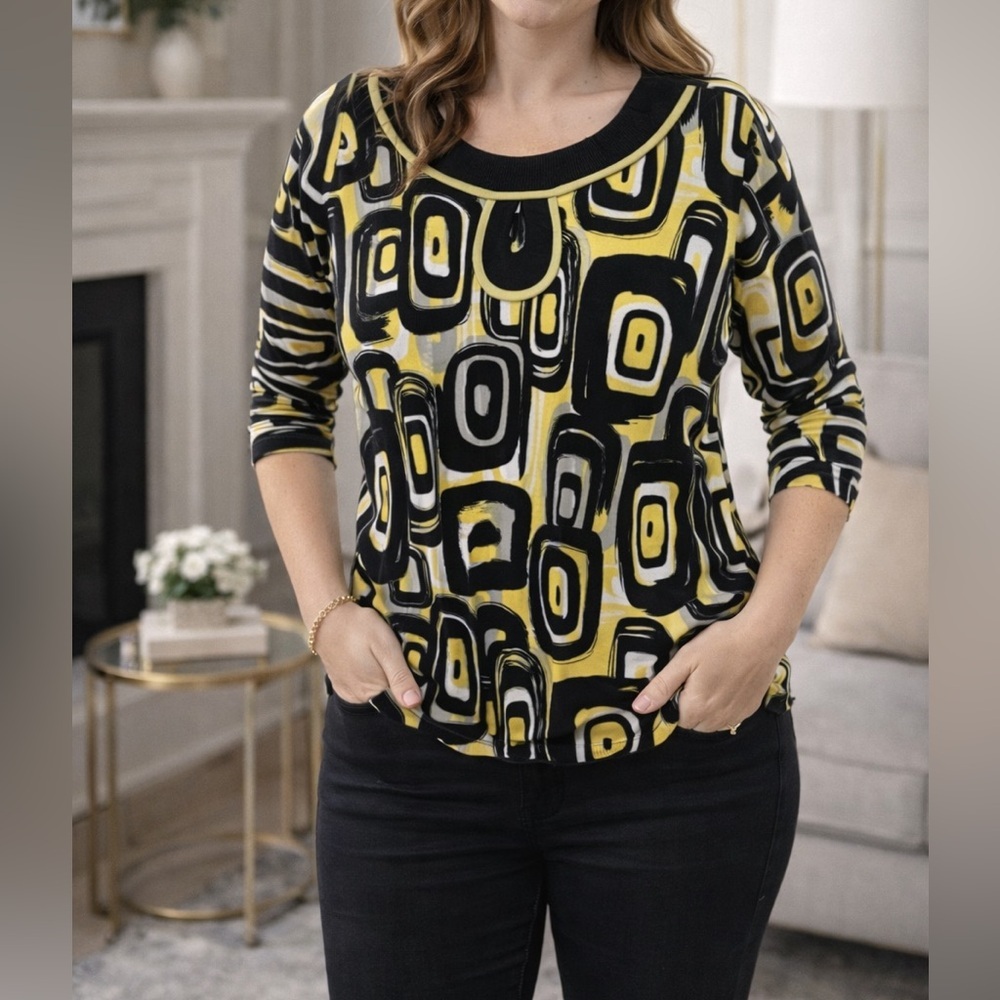 Vibrant Covington Abstract Ribbed Top | Black Yellow White | XL